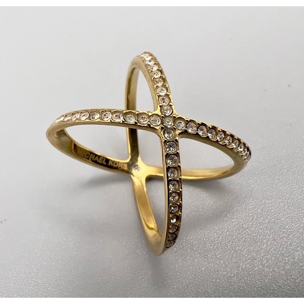 Michael Kors Gold-Tone Pave Crisscross Ring Size 7